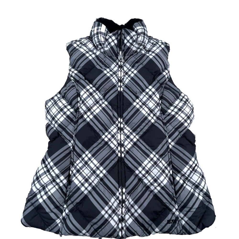 Eddie Bauer Vest Women Small White Black Plaid Puffer Jacket Goose Down Fill